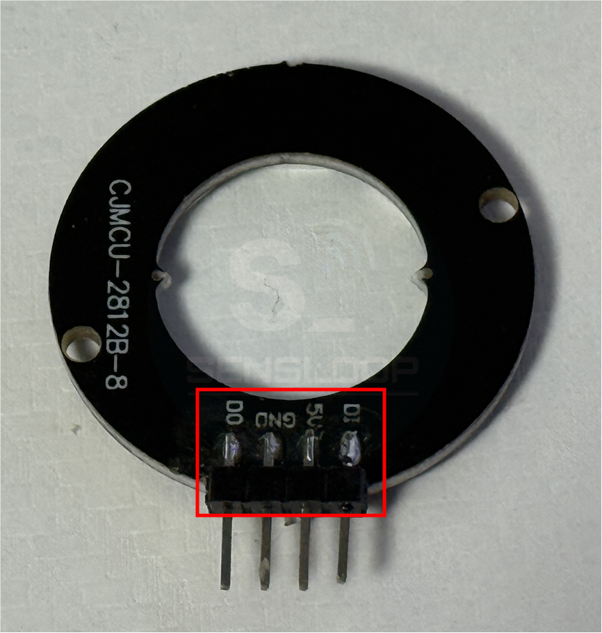 WS2812B 링 모듈 후면의 핀 구성 — DI, 5V, GND, DO 순서로 표시된 구조