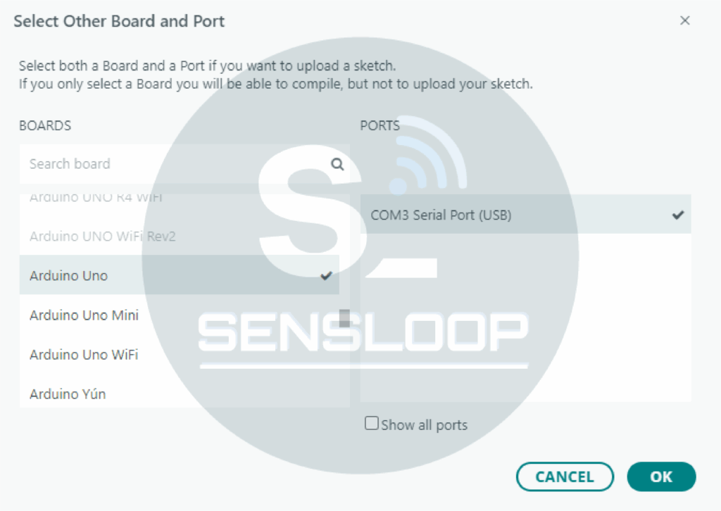 Arduino IDE 보드 및 포트 설정 화면 – Arduino Uno 선택 예시