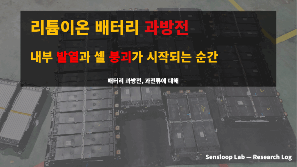 리튬이온 배터리 과방전 시 내부 발열과 셀 붕괴가 일어나는 과정을 다루는 Sensloop Lab 연구로그의 대표 이미지로, 배터리팩이 바닥에 배열된 모습이 배경에 보인다.