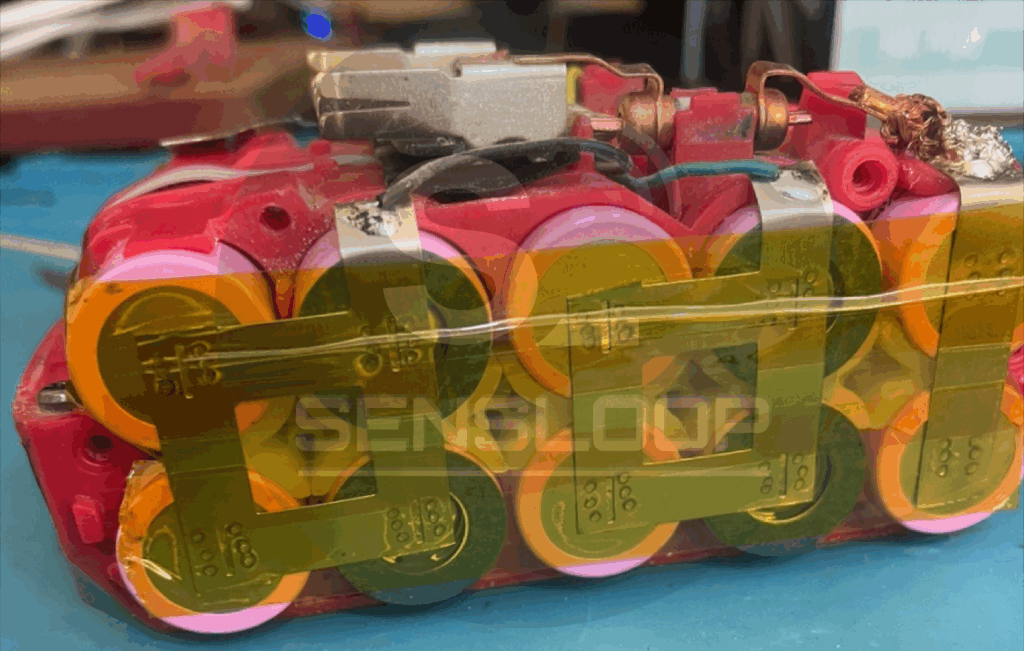 새로 교체된 30Q 셀에 절연용 캡톤 테이프를 감아 마감한 보쉬 배터리팩 측면