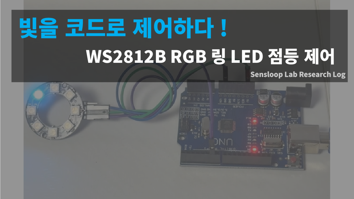 아두이노 우노 보드와 WS2812B RGB 링 LED가 연결되어 청록색으로 점등된 실험 장면. 빛을 코드로 제어하는 아두이노 컬러 조명 실험 썸네일 이미지.