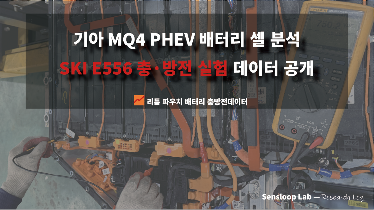 기아 쏘렌토 phev 차량에 탑재된 SK이노베이션 E556 리튬 파우치형 배터리 셀의 충·방전 실험 데이터를 시각화한 Sensloop Lab 연구 로그 썸네일 이미지입니다. 실차 기반 셀 분석과 전류·전압 데이터 곡선을 함께 다룹니다.