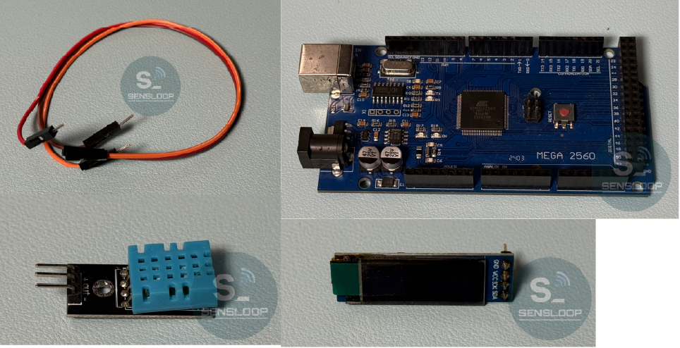 아두이노 메가 2560 보드, DHT11 온습도 센서, OLED 디스플레이, 점퍼 케이블 등 이번 실험에 사용된 부품 세트