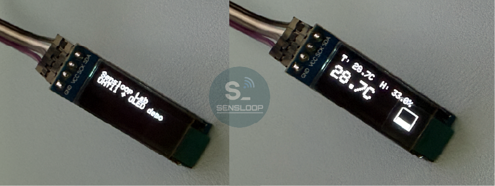 OLED 디스플레이에 실시간으로 표시된 온도와 습도 데이터 화면