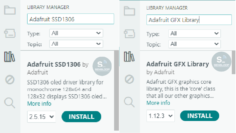 아두이노 IDE에서 oled 디스플레이 라이브러리를 설치하는 화면