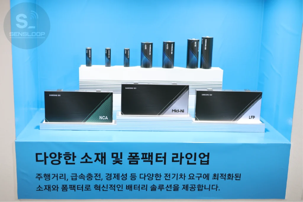 삼성 SDI의 다양한 배터리 폼팩터와 셀 라인업 전시 모습
