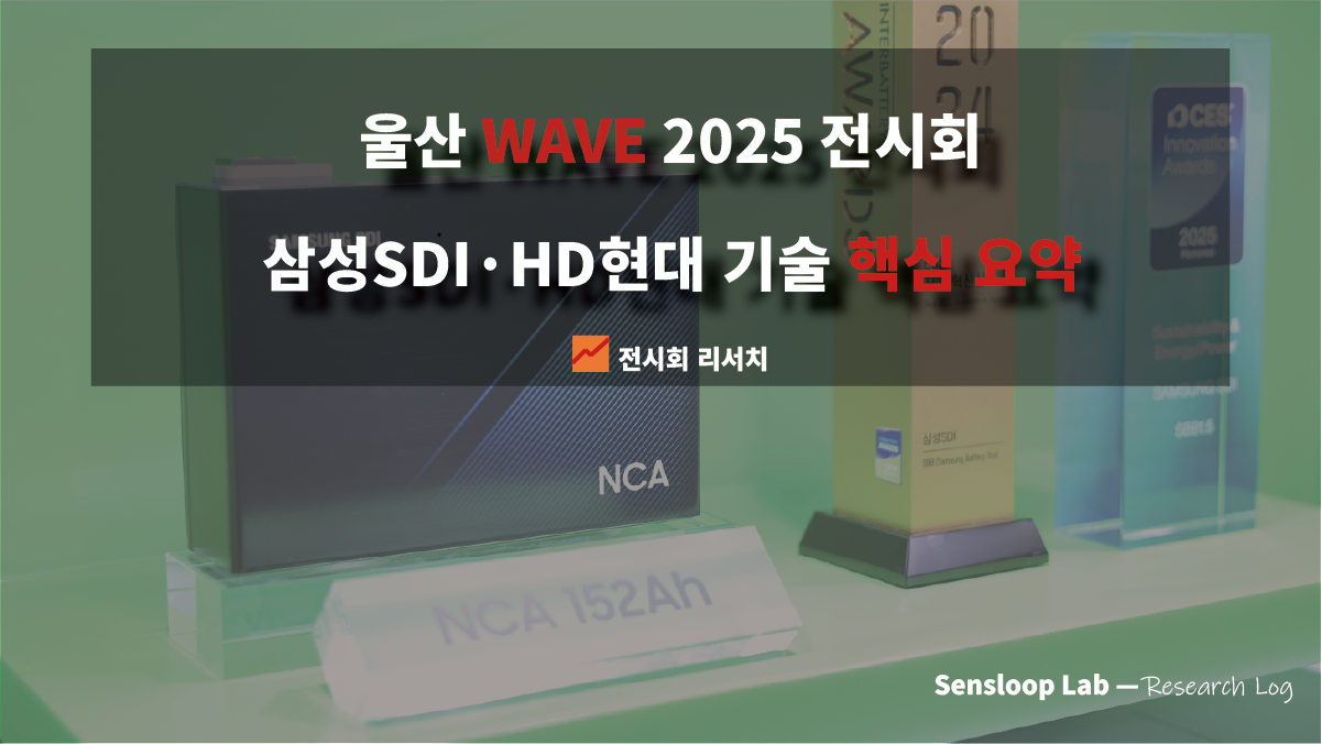 울산 WAVE 2025 전시회에서 촬영한 삼성SDI 배터리 모듈과 CES 수상 제품 전시 이미지. 배터리·AI·소재 기술 리뷰를 안내하는 썸네일 이미지.