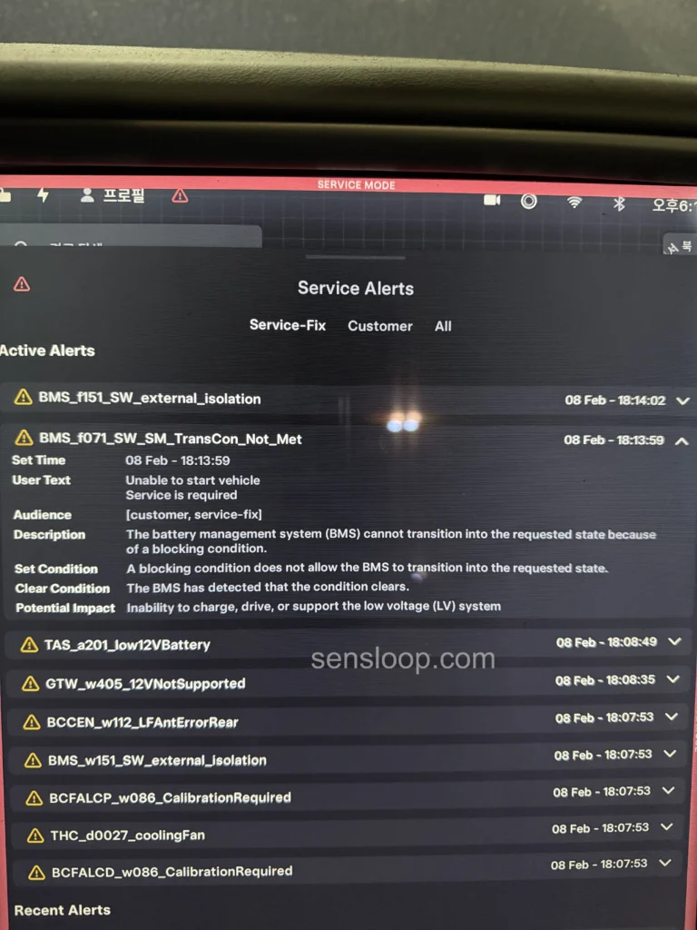 테슬라 서비스 모드에서 BMS_f071 시동 불가 오류와 BMS_f151 절연 오류, 12V 저전압 경고가 동시에 표시된 화면